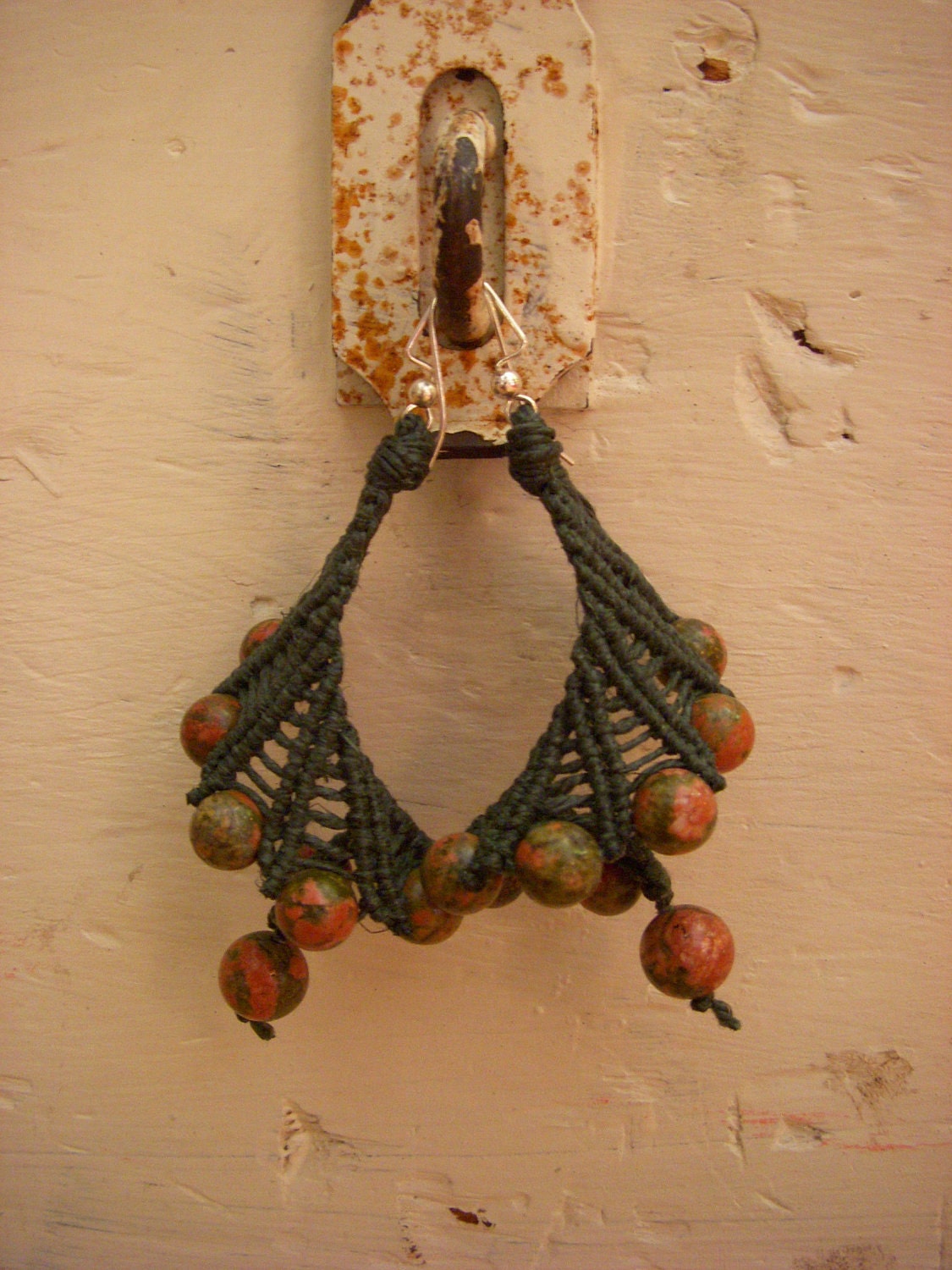 TUMBLE Hemp Earrings, pierced ears, Sensitive ear safe french hooks, 100% Forest Green Organic Fiber and Unakite Gemstone