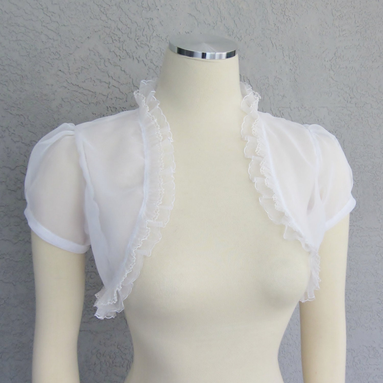 Wedding Bolero Shrug White Chiffon Lace Trim Cap Sleeves