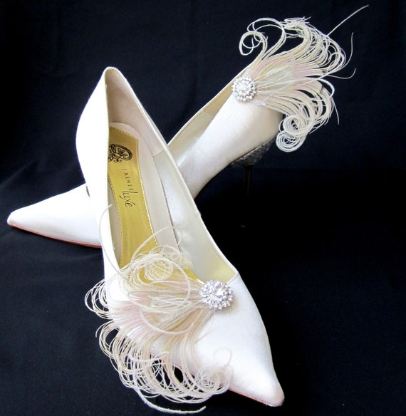 Ivory Peacock Feathers Wedding Shoe Clips by Chuletindesigns