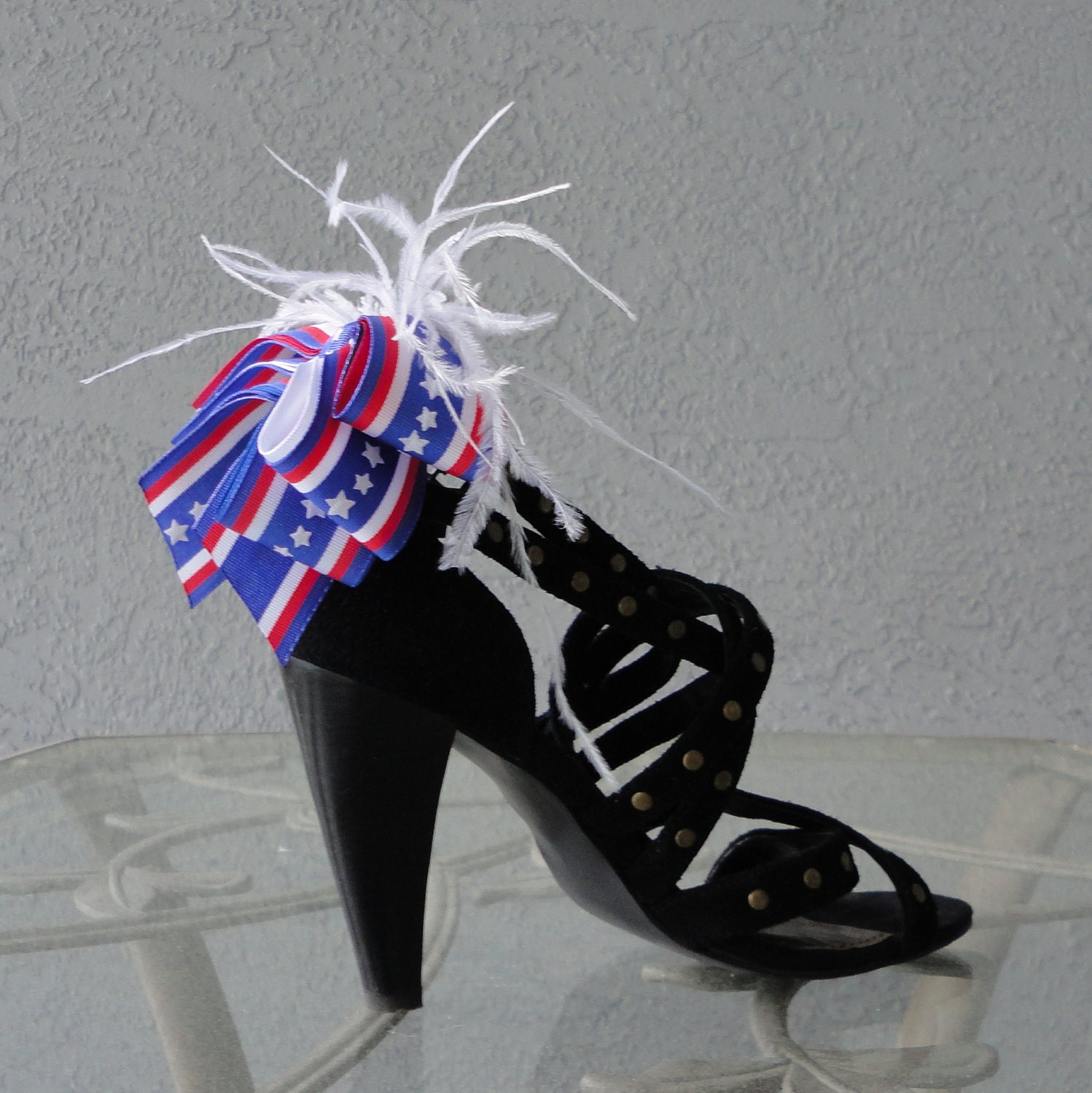 Star And Stripes Patriotic Shoe Clips Bow And Ostrich Feather