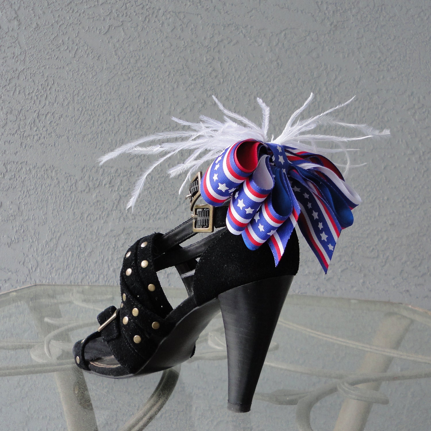 Star And Stripes Patriotic Shoe Clips Bow And Ostrich Feather