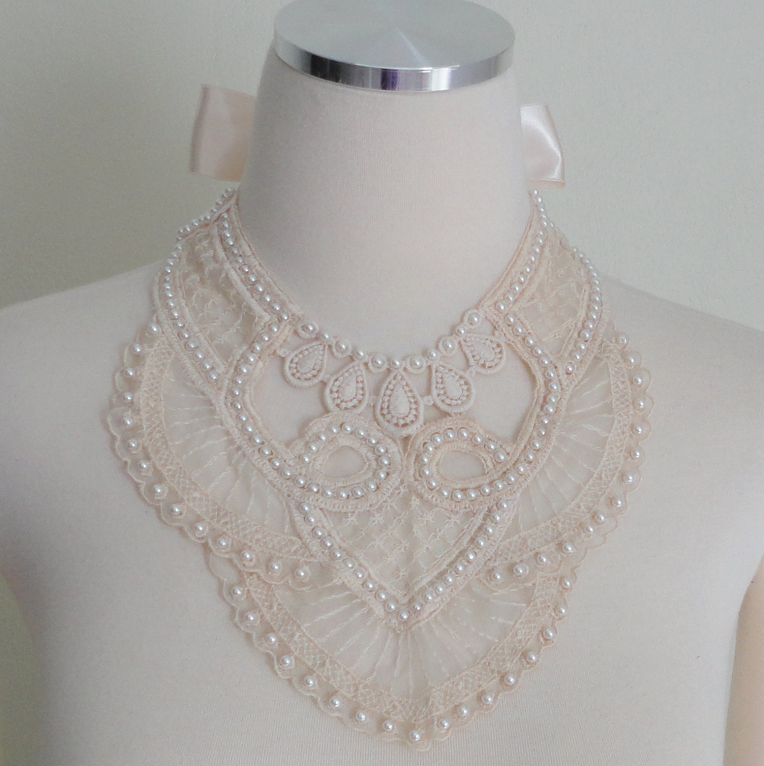 Bridal One Of A Kind Vintage Lace Champagne Color Bib Necklace And Faux Pearl