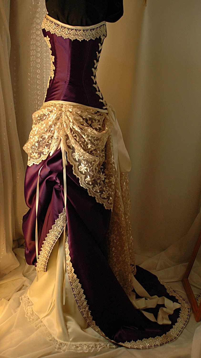 Custom made Antique cream and cadbury purple corset gown