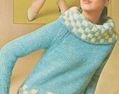 Vintage 1960s Cowl Neck Checked Pullover Sweater with Muff Pocket Knitting Pattern PDF 6715