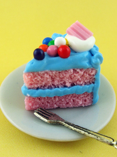 Rain-Blo Bazooka Bubblegum Cake Slice - Polymer Clay Rainbow Miniature Food - Pendant / Necklace