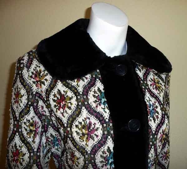 Vintage 60's Mod Tapestry Faux Fur Trim Coat