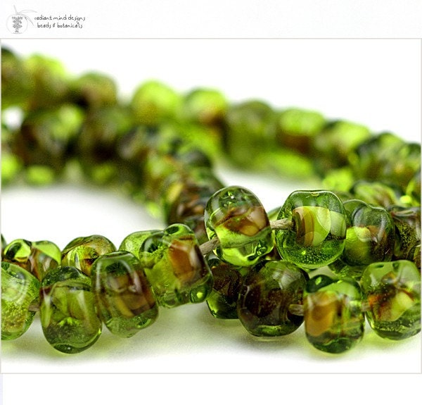 Glass lampwork beads Olive Raku organic strand bulk  handmade for artisan jewelry designs (50)