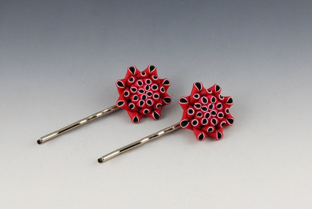 Red Flower Hair Clips, set of 2