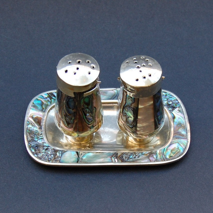 Vintage Alpaca Mexico Tray, Salt and Pepper Shakers Set in Silver and Inlaid Abalone Shell