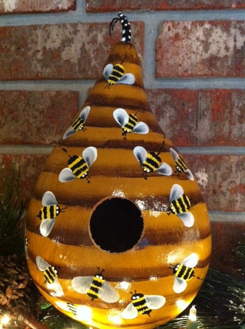 Gourd Birdhouse Handpainted With Bumble Bees and Beehive Must See