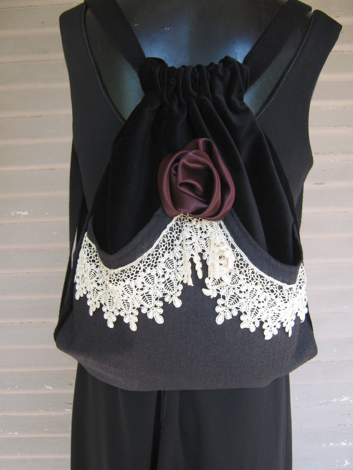 Backpack Victorian Lace and Rose  Mori Girl  Black Velvet Backpack  Gray Wool  Pocket  Satin Handmade Rose  Black Velvet Victorian