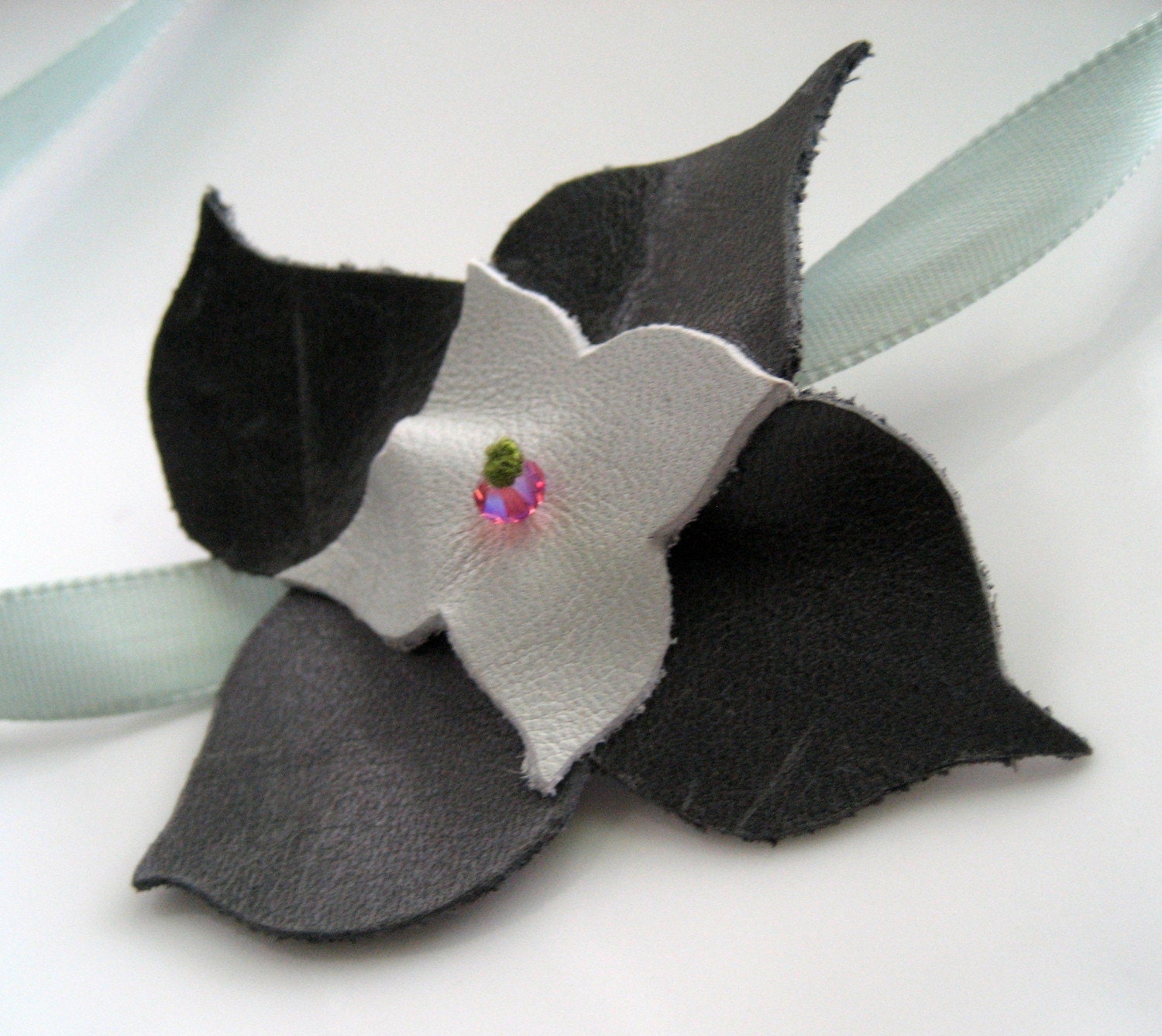 SALE Blue Leather Flower Choker Necklace / Upcycled Recycled Leather Satin Ribbon / One of a Kind / Unique Handmade Jewelry