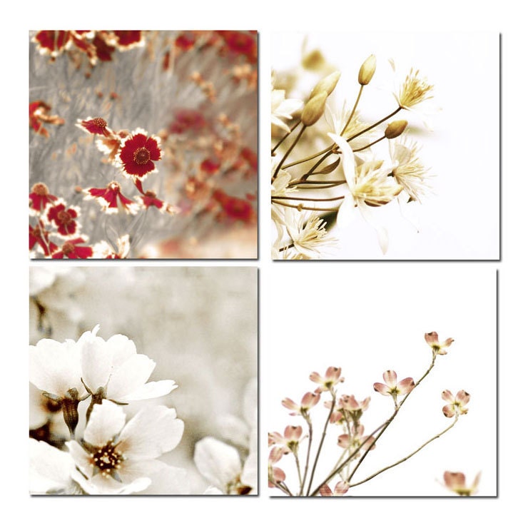 Flower Photograph Set Sweetheart -5 x 5 Prints Flowers Red Ivory Cream Yellow Pink Floral Romance Dreamy Garden Fine Art Nature