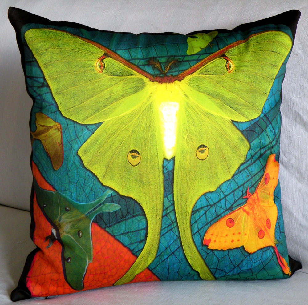 Designer  Pillow Cover -"Luna Moths  2 Chartreuse" Fiber Art - Hand Made - Fits 18x18 - original design
