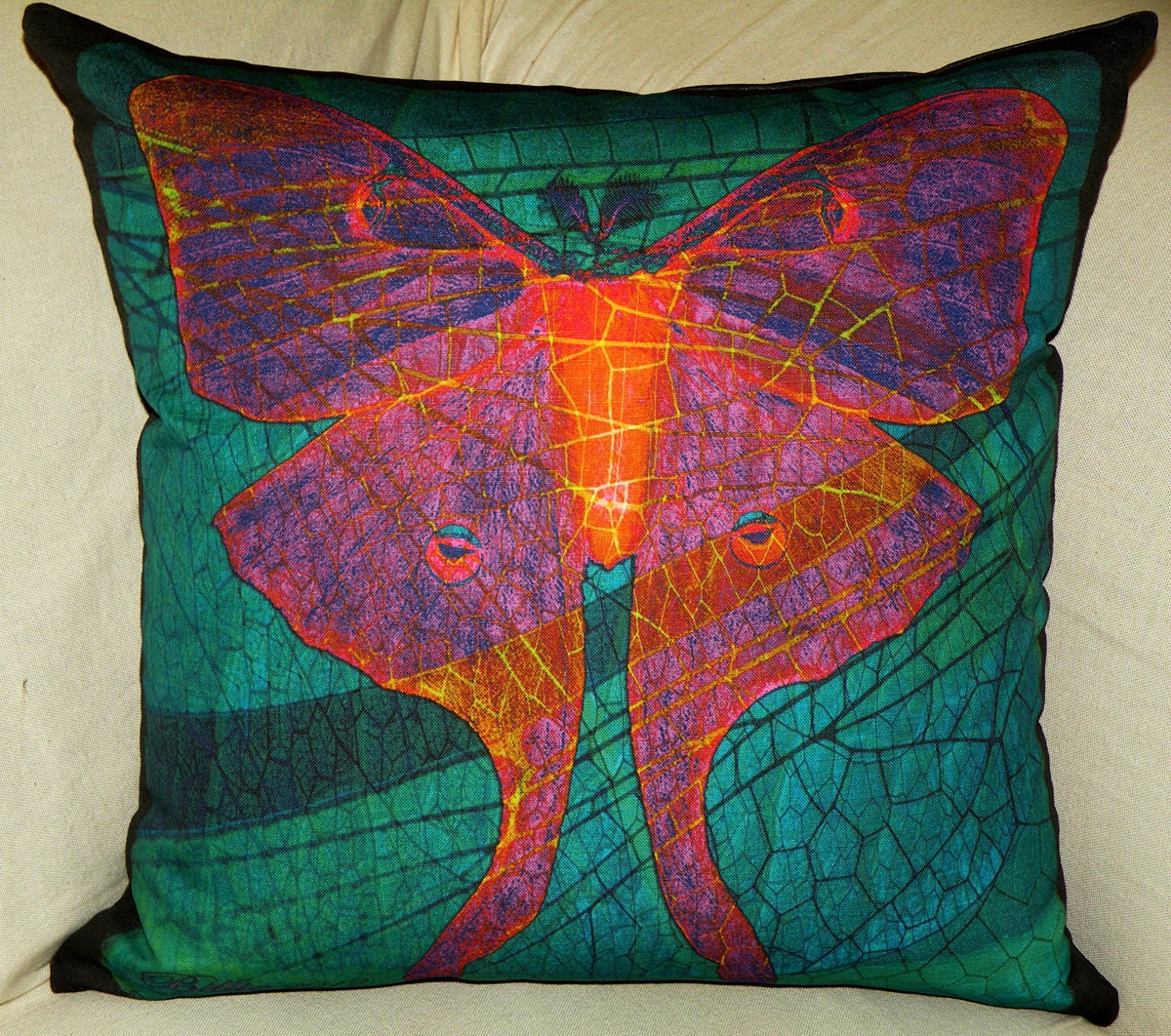 Decorative Pillow Cover - "Luna Moth Nouveaux" - Fiber Art - Hand Made - Fits 18x18 Insert - original design