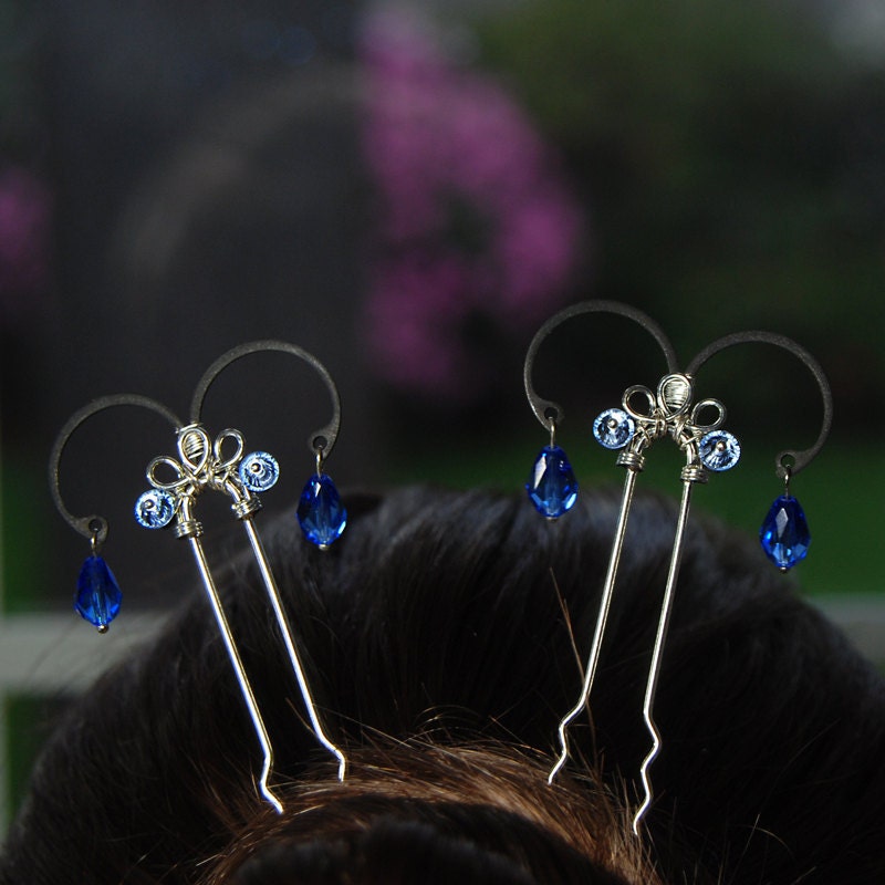 Wire wrapped industrial hair pins fascinator with retaining rings and sapphire Swarovski crystal accents