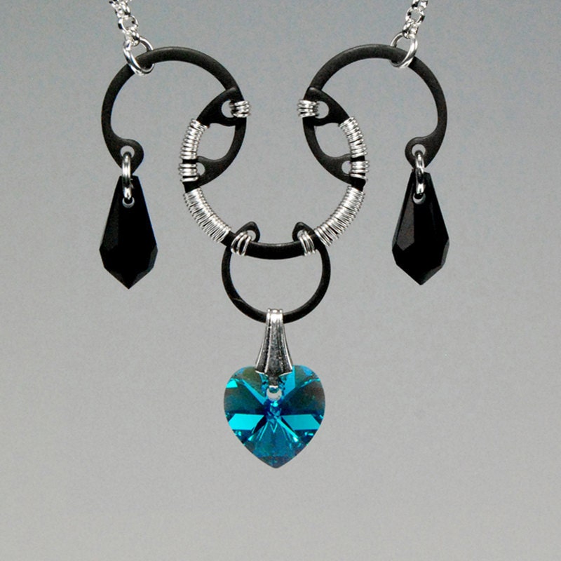 Ceres v5: Industrial wire wrapped necklace with blue zircon Swarovski crystals