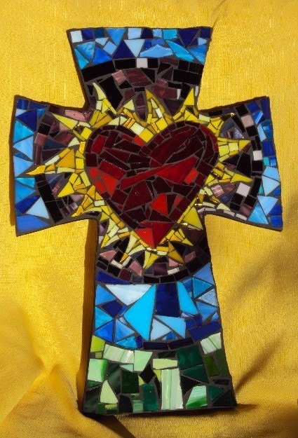 Large Mosaic Cross with Multicolored Sacred Heart