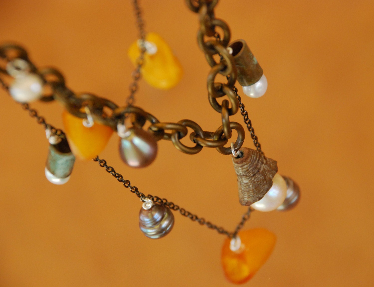 shipwrecked necklace - chain, genuine pearls, vintage amber