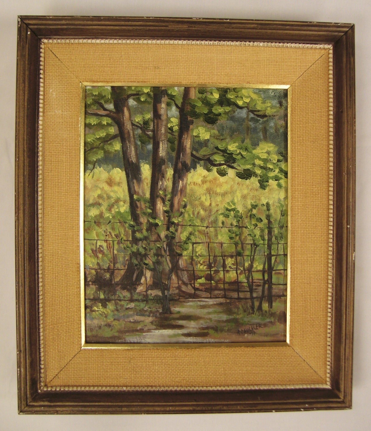 Impressionistic OIL  Landscape Signed by artist  Trees and Fence Scene Original 1971 14x12 Framed