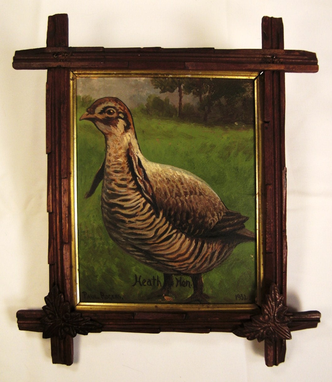 AMERICAN Folk Art OIL  Heath HEN dated 1932 Original Folk Art Frame  10 X 8  Framed