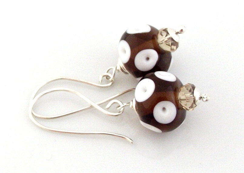 Lampwork earrings with sterling silver 925 (brown and white polka dot lampwork earrings) - SebsJewellery