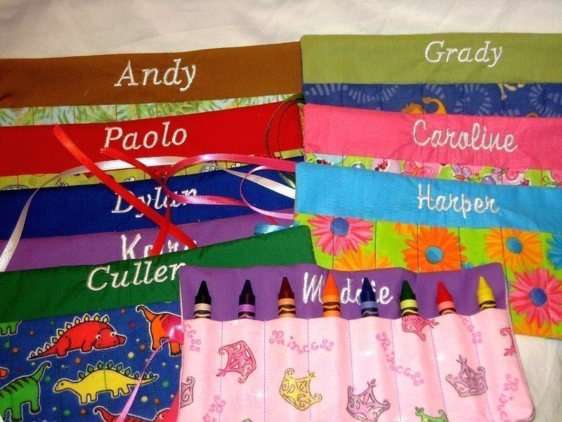 SALE Personalized toddler crayon roll for 8 large crayons with ribbon closure  birthday Party Favors Quantity discounts