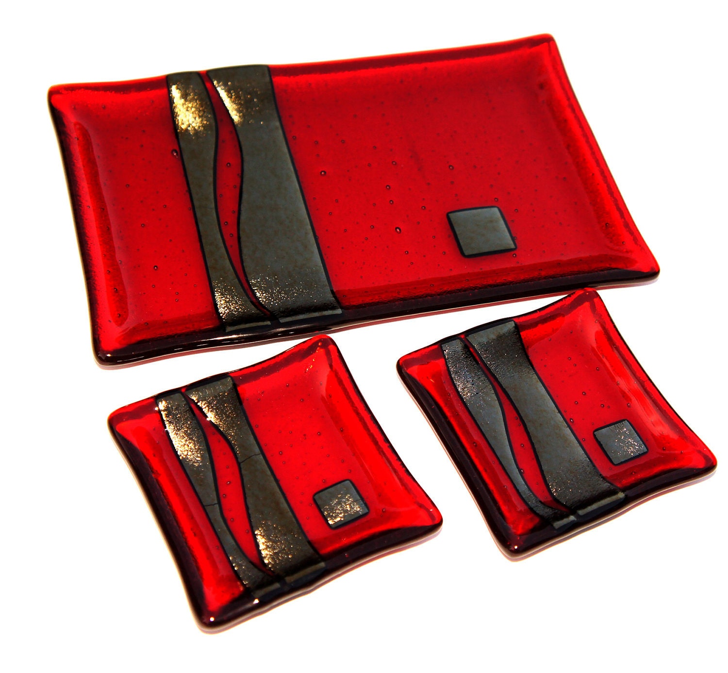 Red Fused Glass Plate Set with Gold Accents
