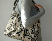 Pleated Shoulder Bag with Adjustable Strap - Linen and Black Damask