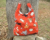 Reusable Fabric Grocery Bag in Red with Cute Cartoon Kitties