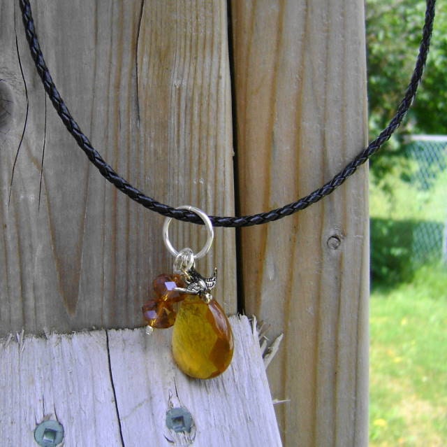 Golden Quartz Brio Pendant Necklace with Brass Songbird Charm on Braided Leather