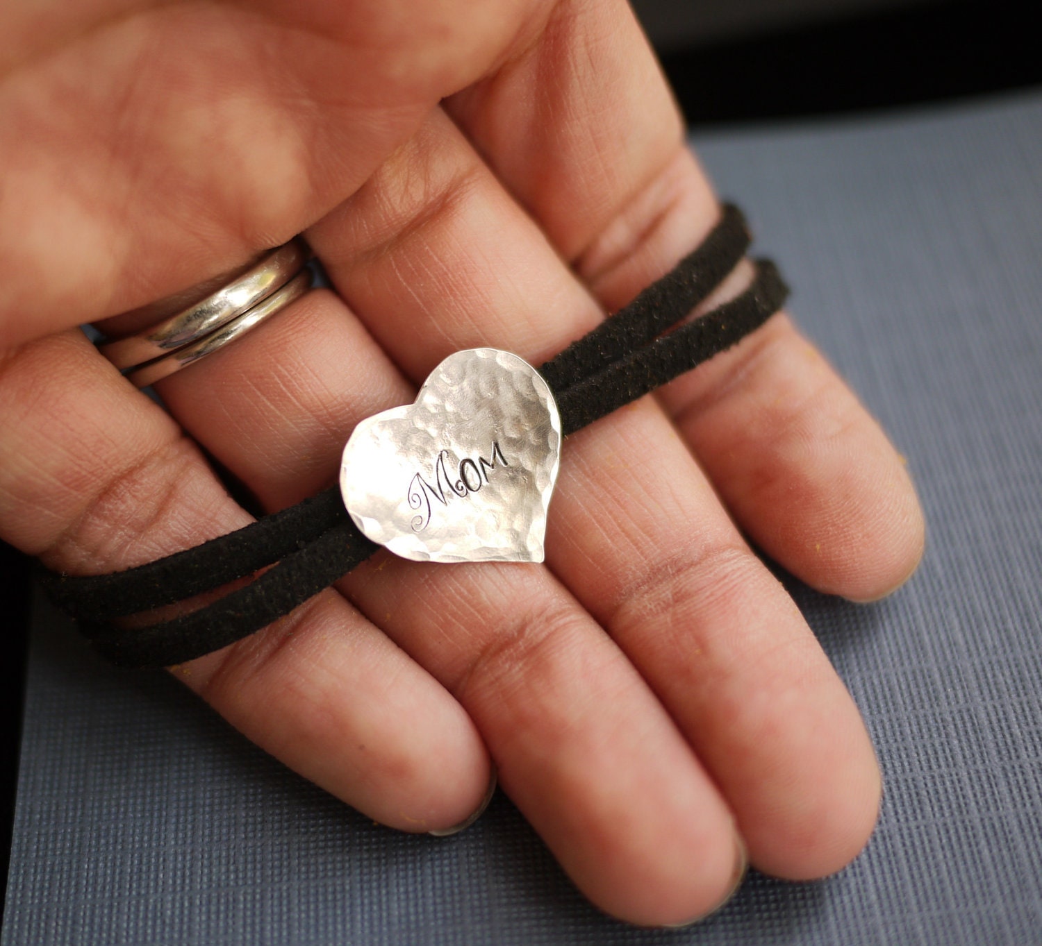 Sterling Silver Handstamped Charm Bracelet on Adjustable Leather perfect for Mothers or Graduation Gift