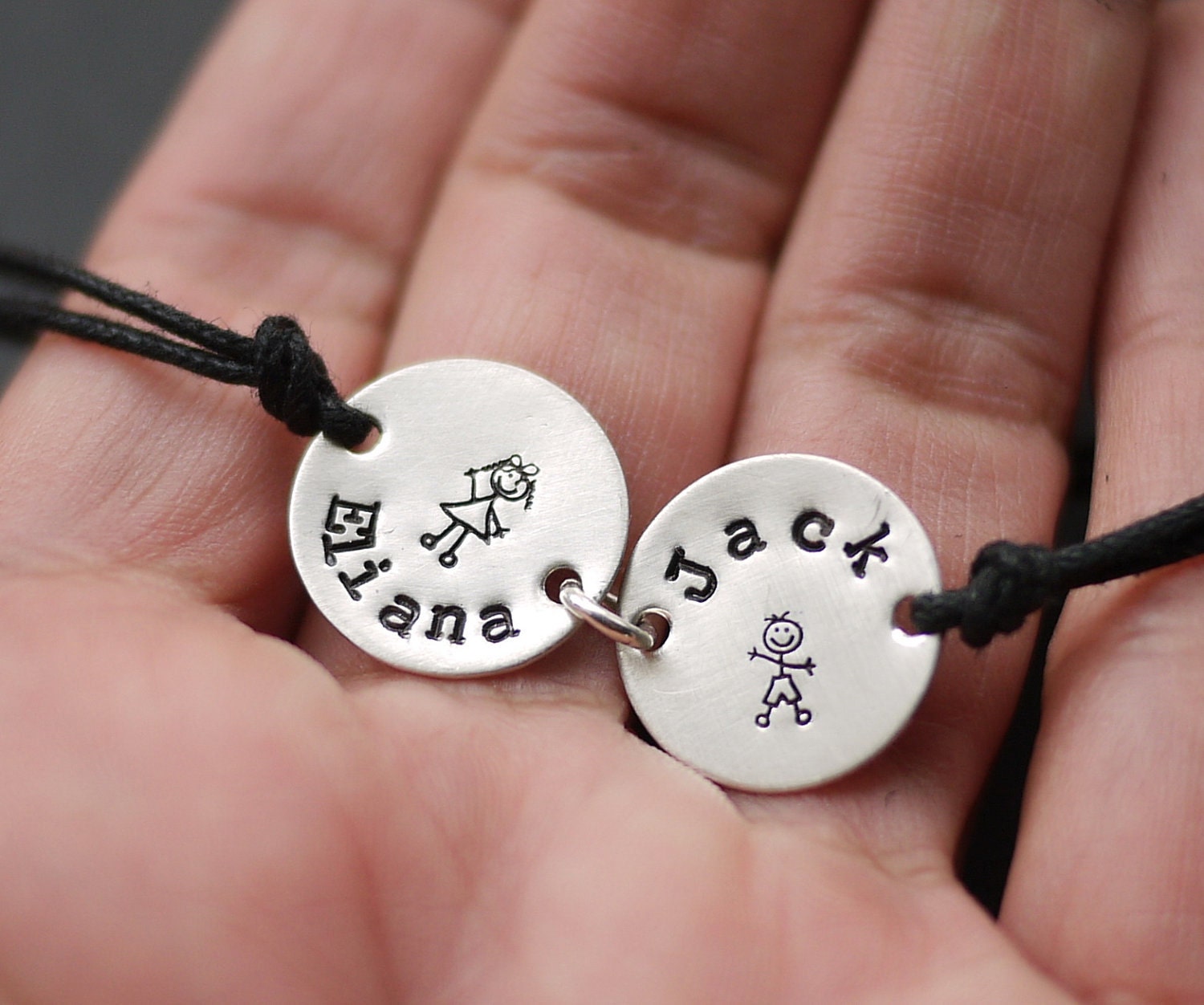 Two Sterling Silver Custom Handstamped Charms Bracelet with Cotton Cord