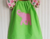 Pink and Green Elephant Dress  - Preppy Short Sleeve Peasant Dress in 12-18 MOS, 2/3T, 4/5, 6/7 by The Trendy Tot