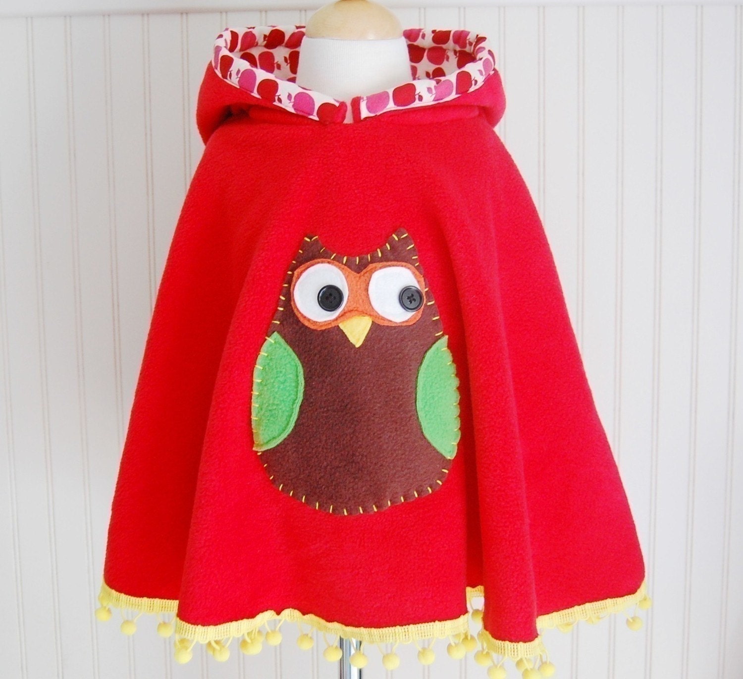 Owl Poncho Cape in Red with Apple Hood - Size 12mos-2T, 3/4T, 5/6 - by The Trendy Tot