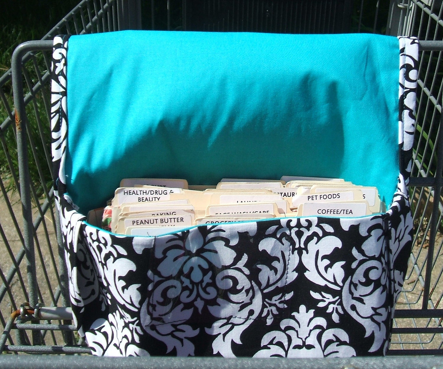 Mega Large Coupon Organizer Holder Binder Black White Damask Turquoise Lining
