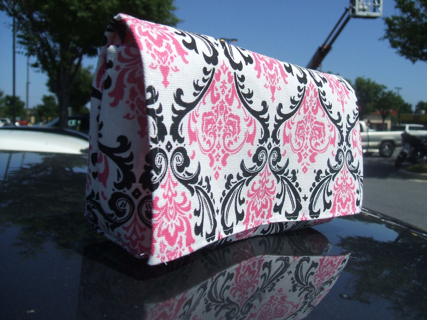 Coupon Organizer Purse Receipt Holder Black and Candy Pink Damask with Pink Lining Duck Canvas Fabric