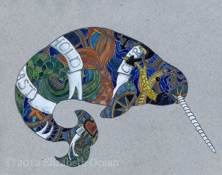 Tattoo Narwhal, Nautical Whale 8x10 watercolor print traditional sailor tattoos
