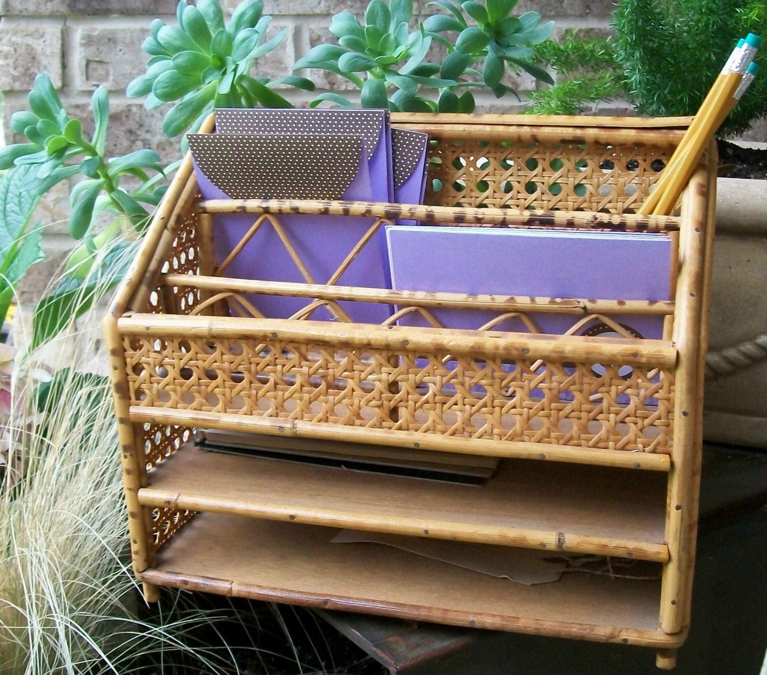 Vintage Bamboo and Woven Cane Desk Organizer by susantique on Etsy