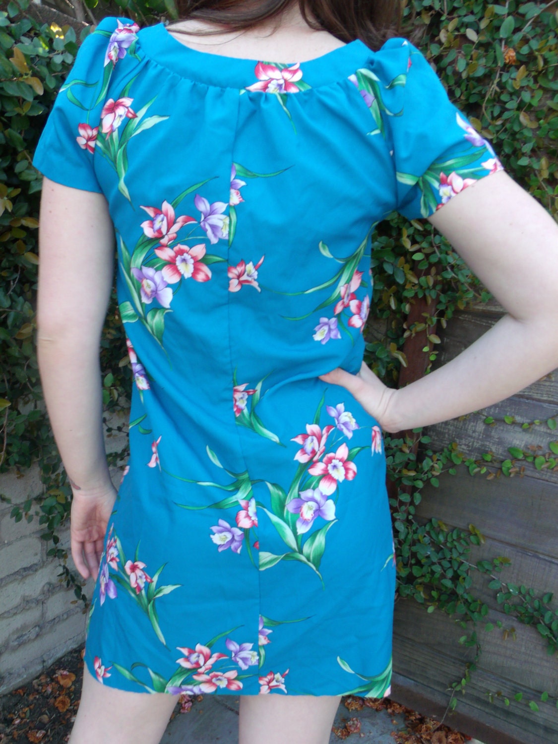Vintage Blue Hawaiian Day Dress. Luau Cocktail Dress. VLV. Mini Dress