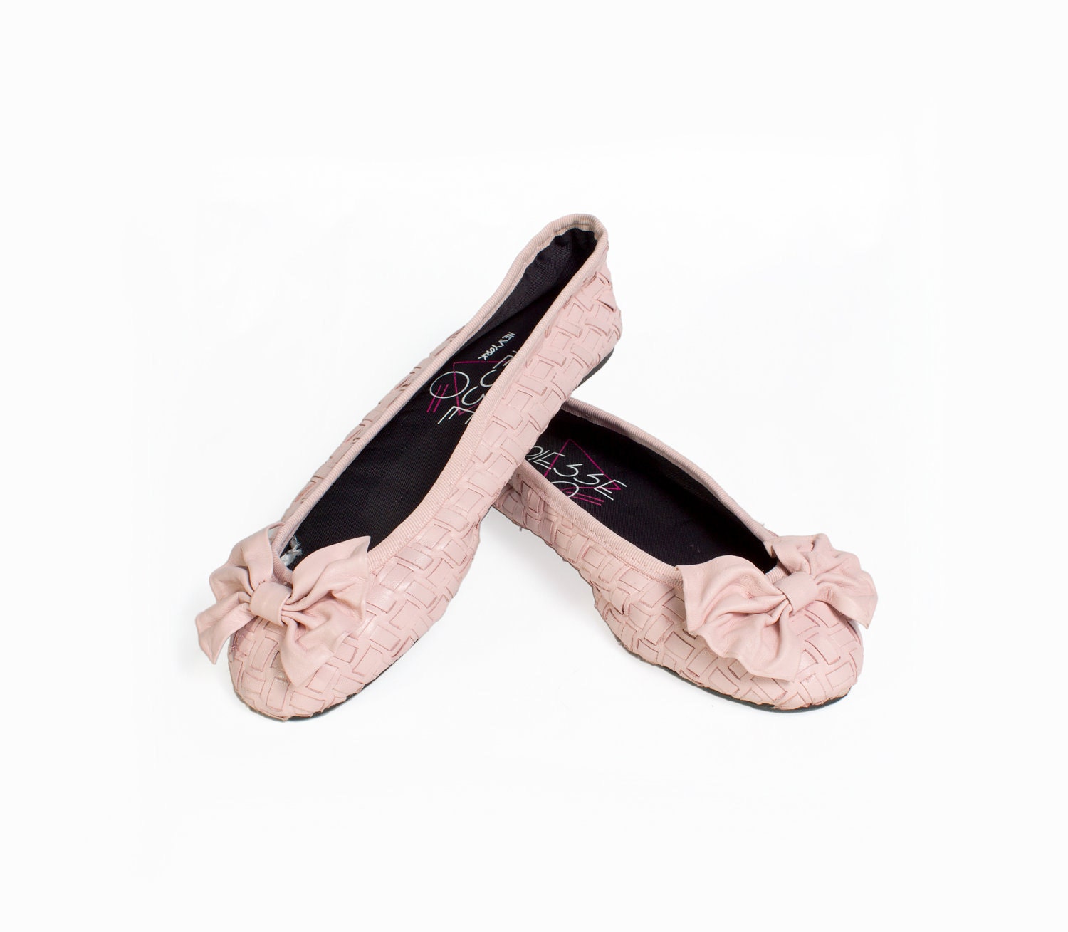 VTG 80's Pale Ballerina Pink Woven Leather Skimmers with Bows size 5 1/2 Ballet Flats