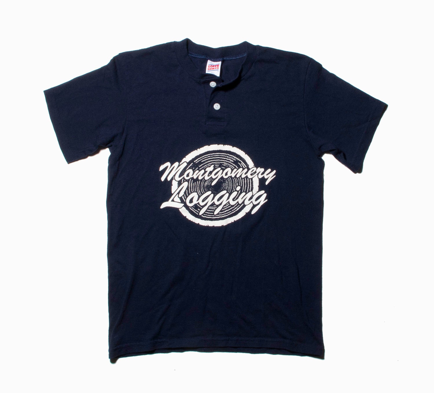 VTG 90's Dark Navy 'Montgomery Logging' Baseball T Shirt (Small / Medium) Unisex Tree Stump Button Up Short Sleeve Tee