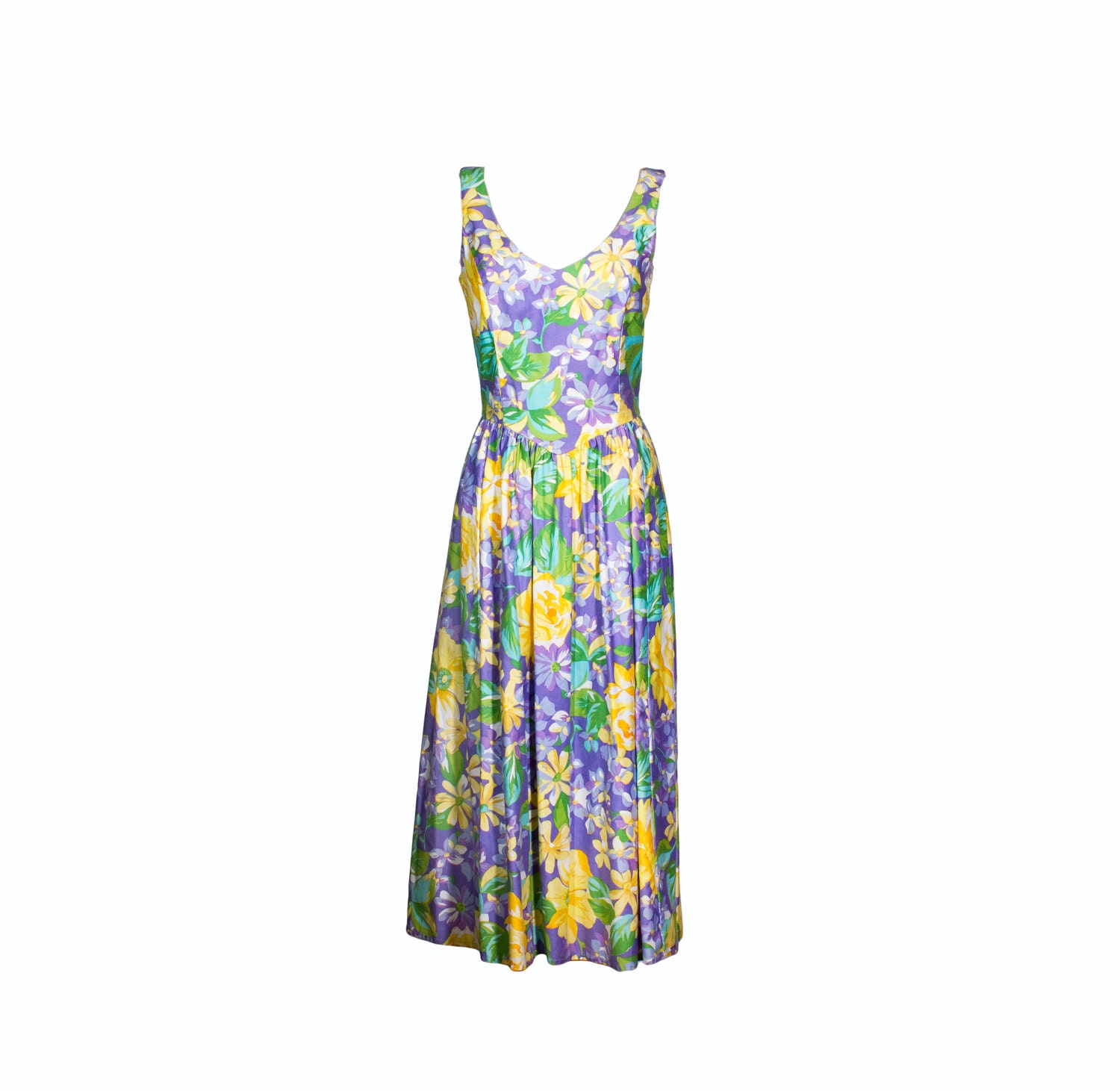 VTG 80's Pale Pastels Spring Flowers Sleeveless Sundress (Small / Medium) Purple Yellow Floral V Neck Dress