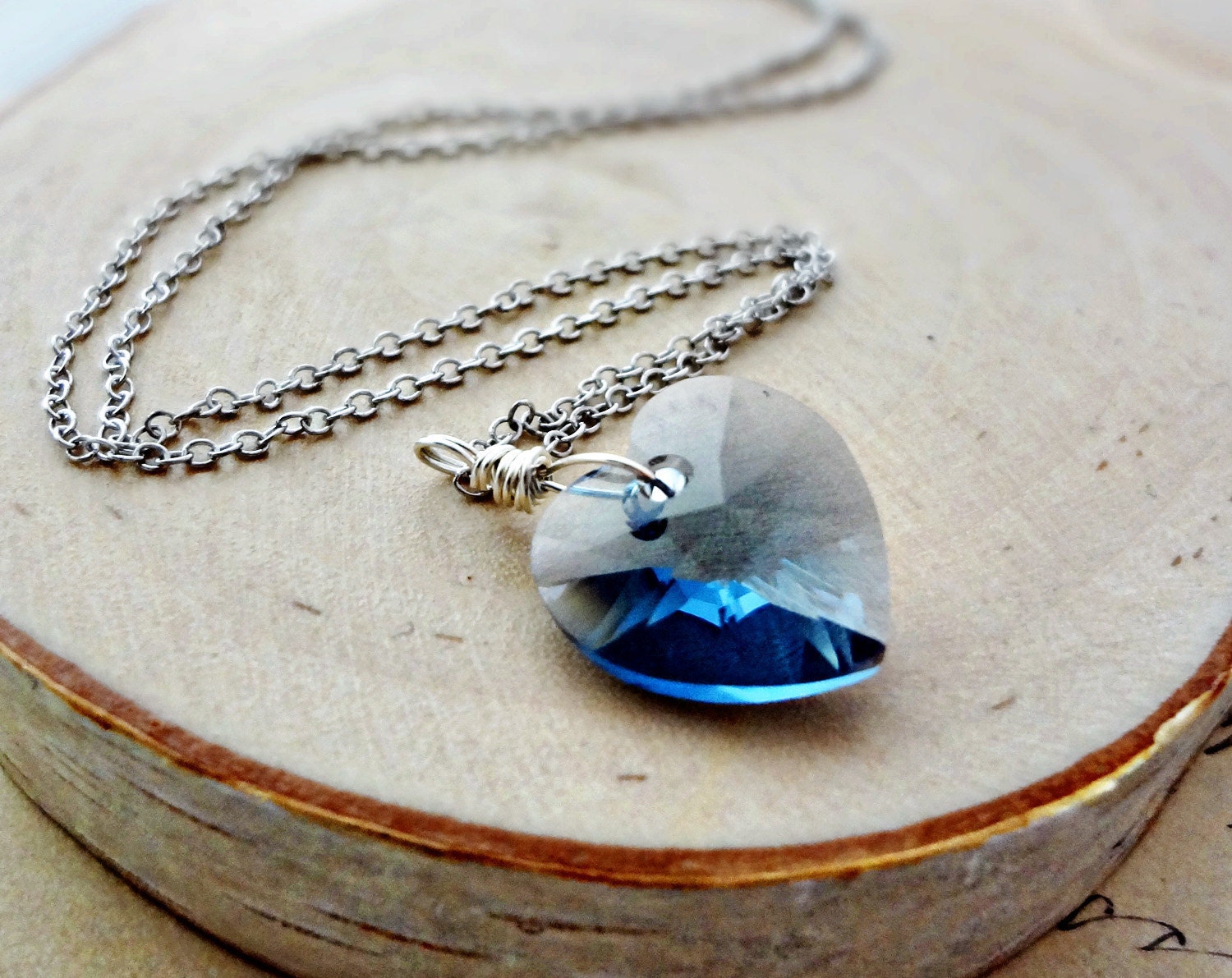 Blue Heart Necklace Crystal Pendant Silver Midnight