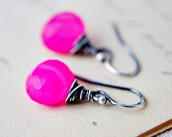 Hot Pink Earrings Wire Wrapped Sterling Silver Chalcedony Stone Oxidized Gray Dangle Fluorescent Neon Fashion