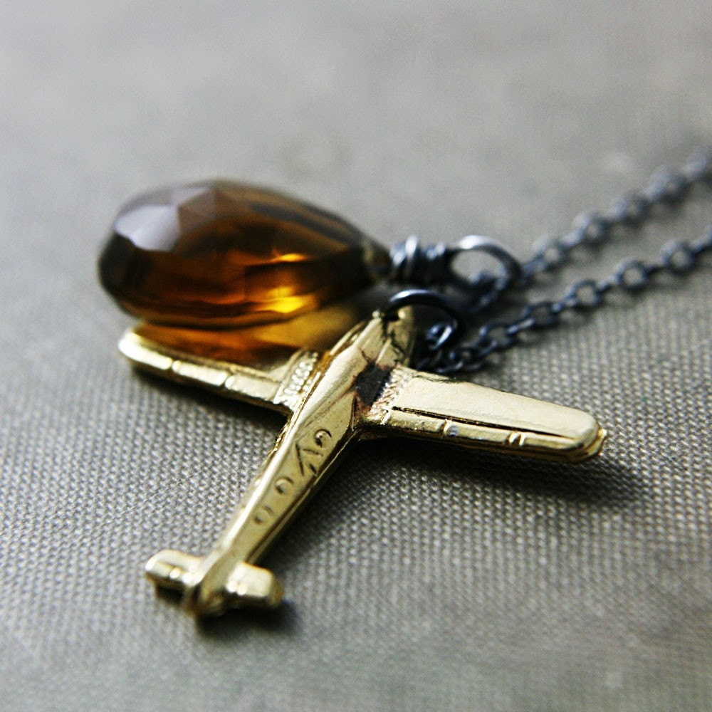 Airplane Necklace Whiskey Quartz Brass Charm Oxidized Sterling Silver Under 50 Gifts