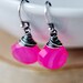 Hot Pink Earrings Wire Wrapped Sterling Silver Chalcedony Stone Oxidized Gray Dangle Fluorescent Neon Fashion