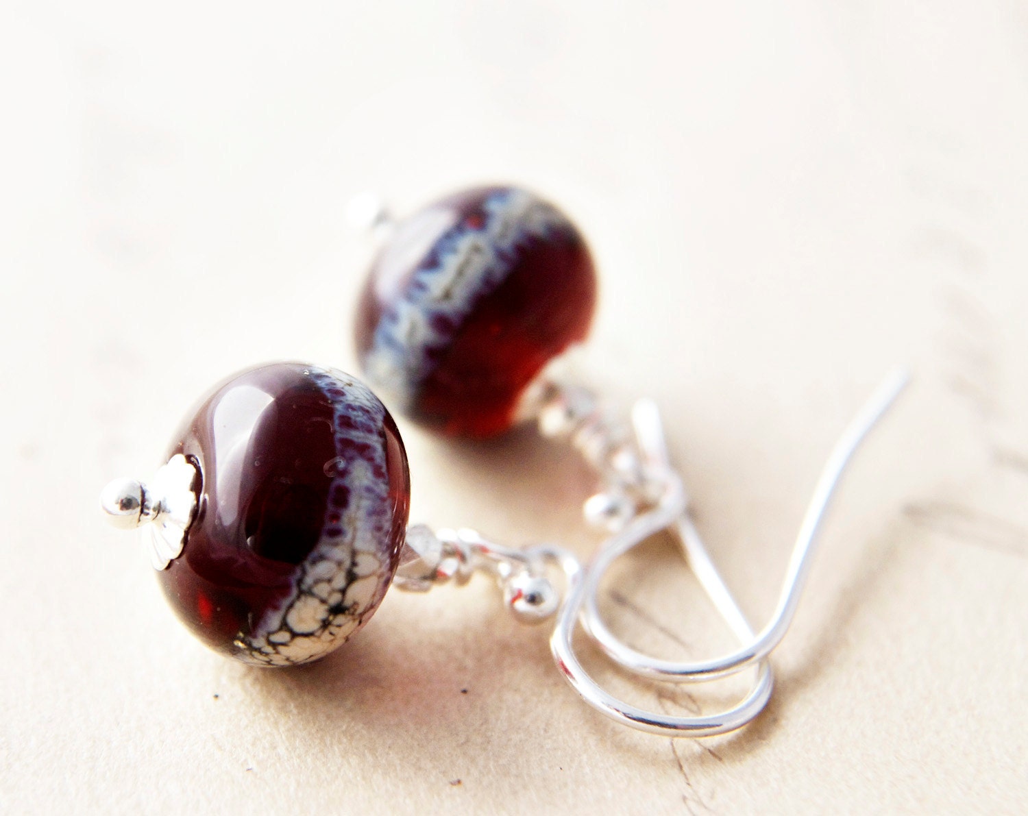 Burgundy Glass Earrings  Lampwork Silver Dangle Oxblood PoleStar