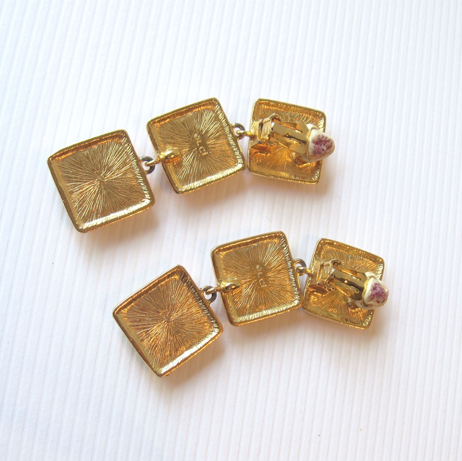 Vintage Liz Claiborne Earrings with Tri Colored Square Dangles - Black - Red - Green