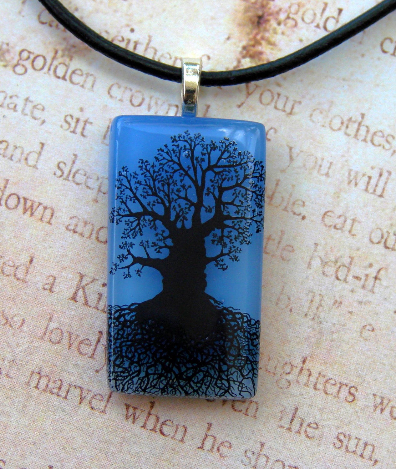 Blue Skies Mighty Tree Of Life Fused Glass Pendant